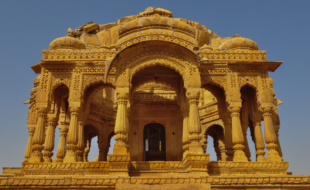 Ancient Hindu temple on desert at sunny day in Jaisalmer, Rajasthan, India.の写真素材