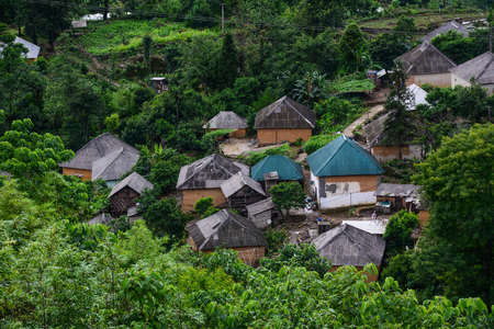 Small houses on valley at sunny day in Lao Cai, Vietnam.の写真素材