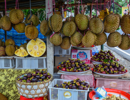 Bali, Indonesia - Apr 20, 2016. Selling tropical fruits in Bali, Indonesia. Bali is a popular tourist destination which has seen a significant rise since the 1980s.のeditorial素材