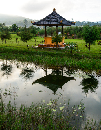 Part of ancient temple at the edge of Lake Bratan in Bali, Indonesia.の写真素材