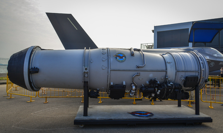 Singapore  - Feb 10, 2018. A Pratt & Whitney engine of F-35 aircraft sits on display at the 2018...