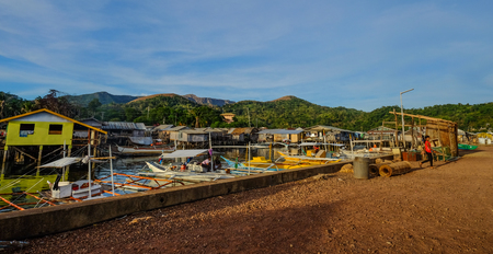 Palawan, Philippines - Apr 6, 2017. Fishing village with pier in El Nido Island, Palawan, Philippines.のeditorial素材