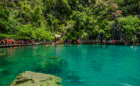 Palawan, Philippines - Apr 9, 2017. People enjoy on Kayangan Lake in Coron Island, Palawan, The Philippines.のeditorial素材