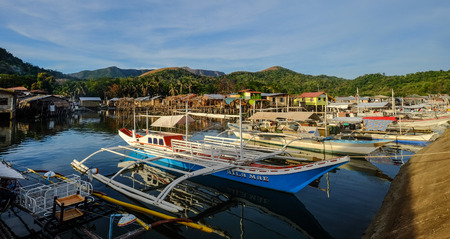 Palawan, Philippines - Apr 6, 2017. Wooden boats waiting at pier in El Nido Island, Palawan, Philippines.のeditorial素材
