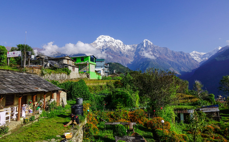 Ghandruk, Nepal - Oct 21, 2017. Mountain village at sunrise in Ghandruk, Nepal. Ghandruk is a popular place for treks in the Annapurna range of Nepal.のeditorial素材
