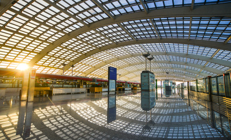 Beijing, China - Mar 1, 2018. Modern train station at Beijing Capital Airport. The Airport (PEK) is situated 32 km northeast of central Beijing, China.のeditorial素材