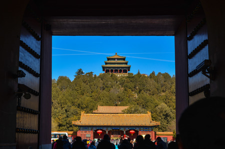 Beijing, China - Mar 1, 2018. A gate of Forbidden City at sunny day in Beijing, China. The complex was declared a World Heritage Site in 1987.のeditorial素材