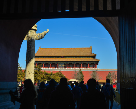 Beijing, China - Mar 1, 2018. People coming to Forbidden City of Beijing, China. Constructed from 1406 to 1420, the complex consists of 980 buildings and covers 72 hectacres.のeditorial素材