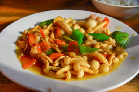 Fried mushroom with pepper for lunch at Chinese restaurant.の写真素材