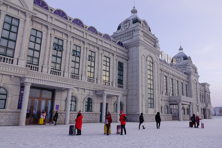 Mohe, China - Feb 19, 2017. View of railway station building at winter in Mohe County, Heilongjiang Province, China.のeditorial素材