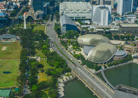 Singapore - Feb 9, 2018. Aerial view of Esplanade Theatre in Singapore. Singapore is a global commerce, finance and transport hub.のeditorial素材