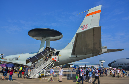 Singapore - Feb 10, 2018. Boeing E-3 Sentry aircraft of United States Air Force (USAF) in Changi,...