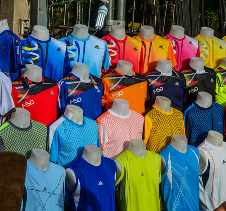 Bangkok, Thailand - Jun 17, 2016. Selling clothes at street market in Bangkok, Thailand.のeditorial素材