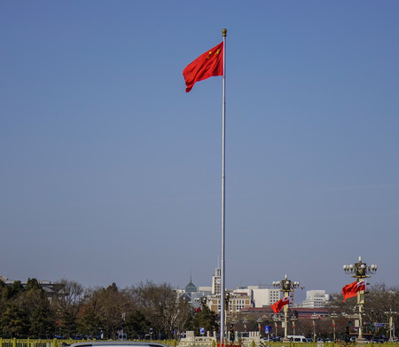 Beijing, China - Mar 1, 2018. The National Flag on Tiananmen Square in Beijing, China.のeditorial素材