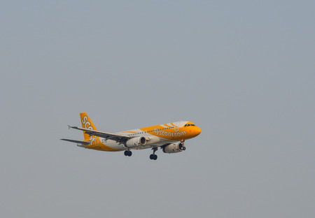 Saigon, Vietnam - Mar 11, 2018. An Airbus A320 aircarft of Scoot is landing at Tan Son Nhat Airport...