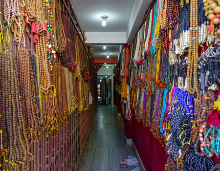 Kathmandu, Nepal - Oct 19, 2017. Souvenir shop on street at Thamel District in Kathmandu, Nepal.のeditorial素材