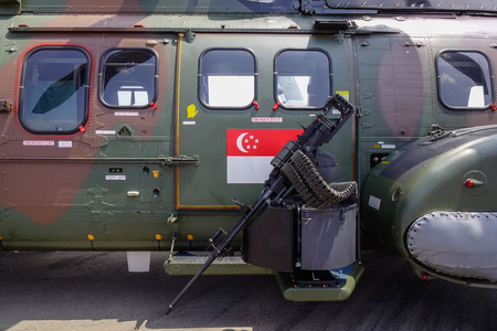 Singapore - Feb 10, 2018. Weapons on AS332M Super Puma helicopter of Singapore Air Force (RSAF) in Changi, Singapore.のeditorial素材