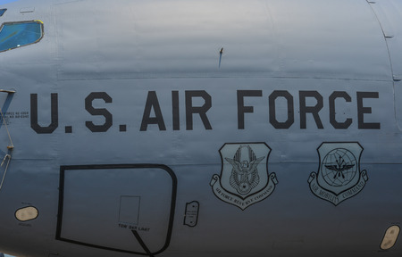 Singapore - Feb 10, 2018. Logos on a United States Air Force (USAF) Boeing KC-135 Stratotanker in Changi, Singapore.のeditorial素材