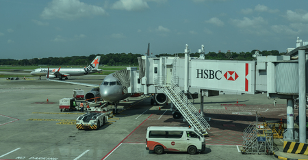 Singapore - Feb 11, 2018. Aircrafts at Singapore Changi Airport. The Airport serves more than 100...