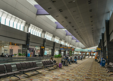 Singapore - Feb 11, 2018. Departure Terminal of Singapore Changi Airport. The Airport serves more than 100 airlines flying to 380 cities in around 90 countries.のeditorial素材