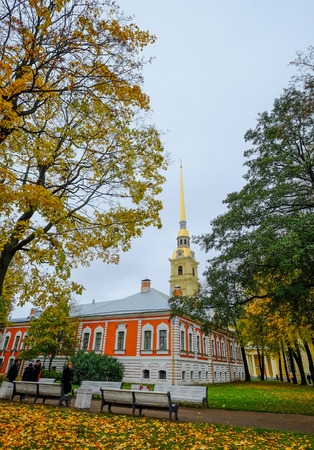St. Petersburg, Russia - Oct 13, 2016. People visit Saint Peter and Paul Cathedral at autumn in St. Petersburg, Russia.のeditorial素材