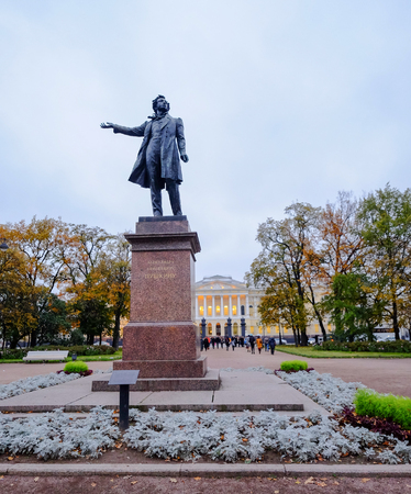 St. Petersburg, Russia - Oct 13, 2016. Alexander Pushkin Monument at sunset in St. Petersburg, Russia.のeditorial素材