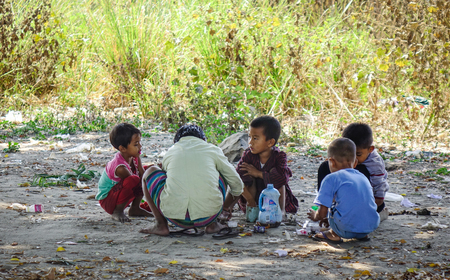 Mandalay, Myanmar - Feb 11, 2017. Group of boys playing at the village in Mandalay, Myanmar.のeditorial素材