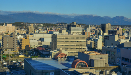 Iga City, Japan - Mar 17, 2018. Aerial view of Iga City, Japan. Iga is a city located in central Kii Peninsula, in the mountainous western Mie Prefecture.のeditorial素材