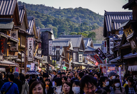 Mie, Japan - Mar 17, 2018. People walking at Okage Yokocho Old Town in Mie, Japan.のeditorial素材