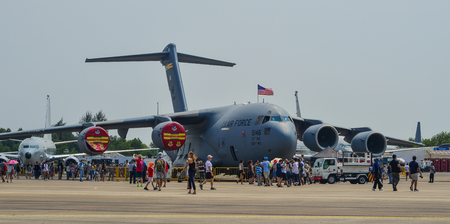 Singapore - Feb 10, 2018. A United States Air Force (USAF) Boeing C-17A Globemaster III on display...