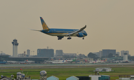 Saigon, Vietnam - Mar 11, 2018. An Airbus A330 aircraft of Vietnam Airlines landing at Tan Son Nhat Airport in Saigon (Ho Chi Minh City), Vietnam.のeditorial素材