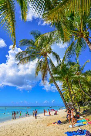 Trou-aux-Biches, Mauritius - Jan 4, 2017. Seascape of Trou-aux-Biches, Mauritius. Trou-aux-Biches is a small town with a public beach on the northern coast of Mauritius.のeditorial素材