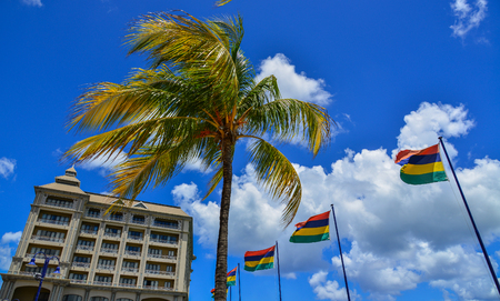 Port Louis, Mauritius - Jan 4, 2017. National flags at main square of Port Louis, Mauritius. Port Louis is the country economic, cultural and political centre.のeditorial素材