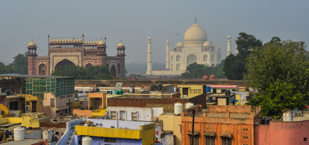 Agra India - Nov 11, 2017. Aerial view of Taj Mahal with old buildings in Agra, India.