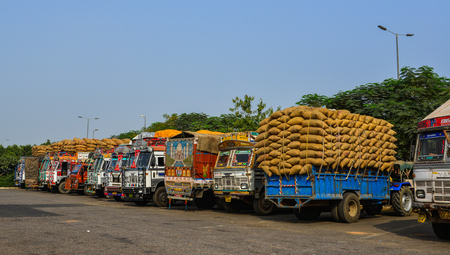 Agra, India - Nov 5, 2017. Truck trailers on rest area in Agra, India. Agra is one of the most populous cities in Uttar Pradesh, and the 24th most populous in India.のeditorial素材