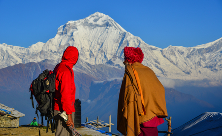 Shikha, Nepal - Oct 24, 2017. Local people standing on mountain at Khopra Village in Shikha, Nepal.のeditorial素材