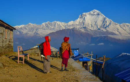 Shikha, Nepal - Oct 24, 2017. Local people standing on mountain at Khopra Village in Shikha, Nepal.のeditorial素材