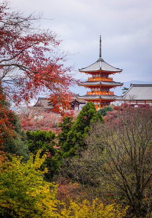 Part of Kiyomizu Temple with autumn trees in Kyoto, Japan.