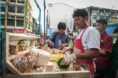 Yangon, Myanmar - Oct 15, 2015. A vendor selling betel in Yangon, Myanmar. Yangon is the largest city and main economic hub of Myanmar.のeditorial素材