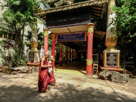 Bagan, Myanmar - Feb 21, 2016. Buddhist monks coming to temple in Bagan, Myanmar. Bagan in central Burma is one of the world greatest archeological sites.のeditorial素材