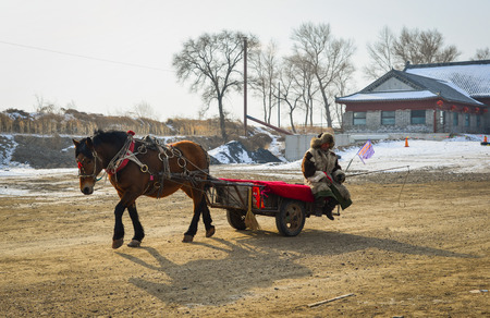 Harbin, China - Feb 25, 2018. A horse cart running on rural road at winter in Harbin, China.のeditorial素材
