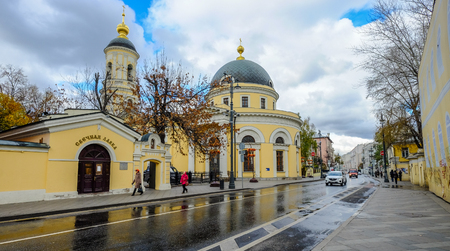 Moscow, Russia - Oct 16, 2016. Street with an orthodox church at downtown in Moscow, Russia.のeditorial素材