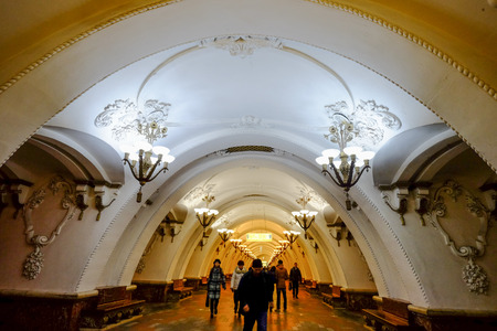 Moscow, Russia - Oct 16, 2016. Interior of metro station in Moscow, Russia. Moscow metro is one of most visually stunning underground systems in the world.のeditorial素材