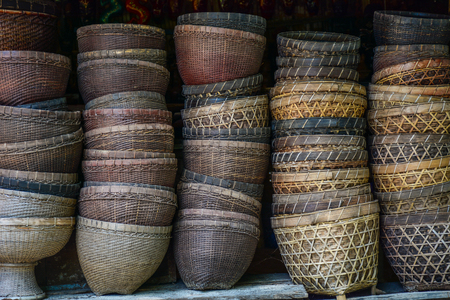 Bamboo baskets for sale at rural market in Bali, Indonesia.
