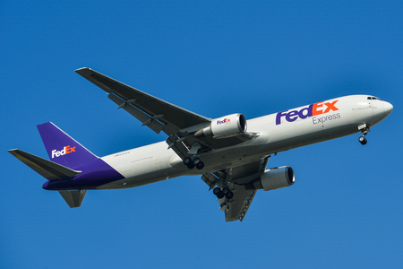 Bangkok, Thailand - Apr 21, 2018. A Boeing 767 airplane of Federal Express (FedEx) landing at Suvarnabhumi Airport (BKK) in Bangkok, Thailand.のeditorial素材