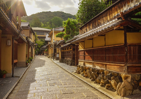 Kyoto, Japan - Jul 15, 2015. Wooden houses at Ninenzaka Old Town in Kyoto, Japan. Kyoto was the Imperial capital of Japan for more than one thousand years.のeditorial素材