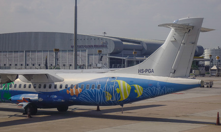 Bangkok, Thailand - Apr 20, 2018. An ATR 72 airplane of Bangkok Air docking at Suvarnabhumi Airport...