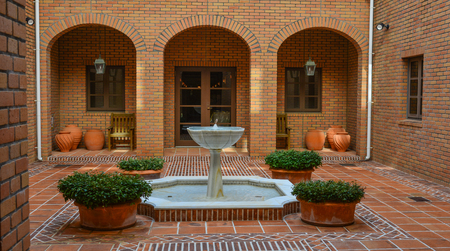 Matsusaka, Japan - Mar 18, 2018. Inside of a luxury brick hotel (Spanish-style) near Ise Bay at summer day in Matsusaka, Japan.のeditorial素材