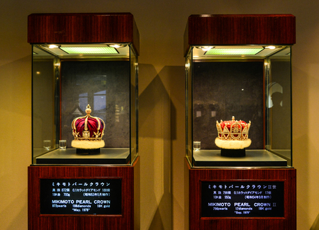 Toba, Japan - Mar 18, 2018. Precious jewelry for display at museum of Mikimoto Pearl Island in Toba, Japan.のeditorial素材