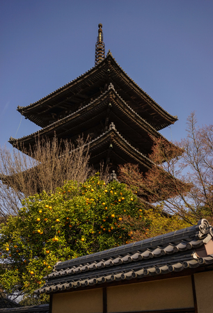 Kyoto, Japan - Apr 7, 2014. Wooden temple at Old Town in Kyoto, Japan. Kyoto was the Imperial capital of Japan for more than one thousand years.のeditorial素材